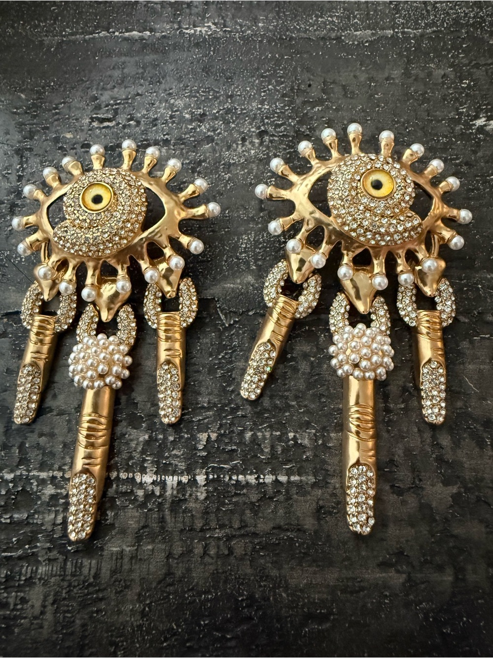 Gold Crystal & Pearl Eye Drop Earrings - Statement Women Jewelry